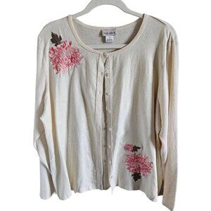 Joan Leslie Woman Size 1X Linen blend Cardigan Floral Embroidered Garden Cottage